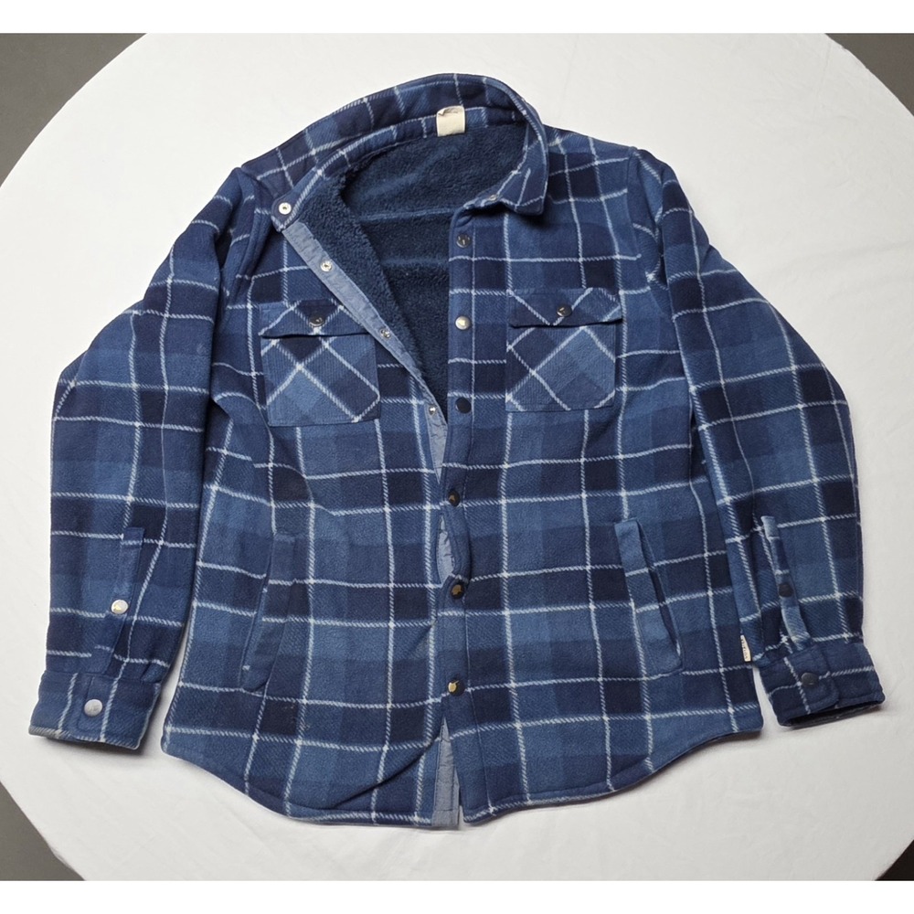 Men's Voyager Super Plush Fleece Blue Plaid Button-up Jacket Size Medium